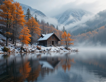 Autumn alpine lake with wooden house in misty morning.の素材