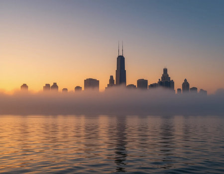 Foggy morning in Chicago, Illinois, United States of Americaの素材