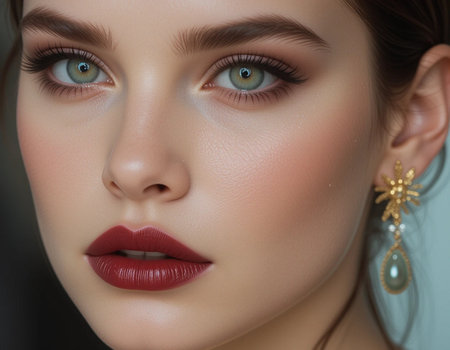 Close-up portrait of a beautiful girl with green eyes and red lipsの素材
