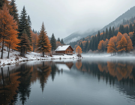 Autumn alpine lake landscape with wooden house in foggy morningの素材