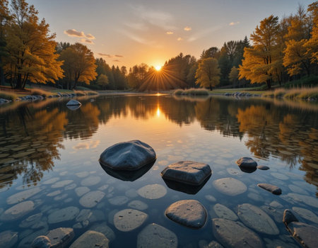 Sunset in the autumn park. Autumn landscape with lake and stonesの素材