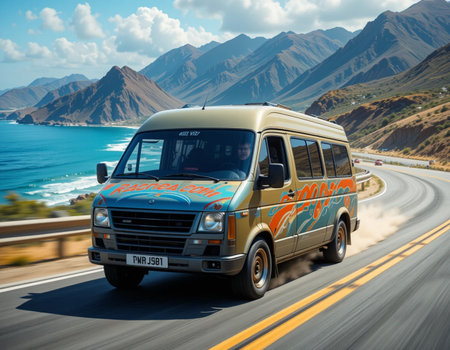Van driving on highway in Vancouver, America.の素材