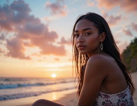 Portrait of a beautiful young Asian woman on the beach at sunsetの素材