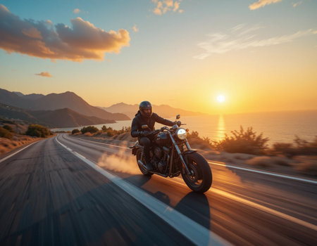 Motorcyclist riding a motorcycle on the road at sunset. Motorcycle travel concept.の素材