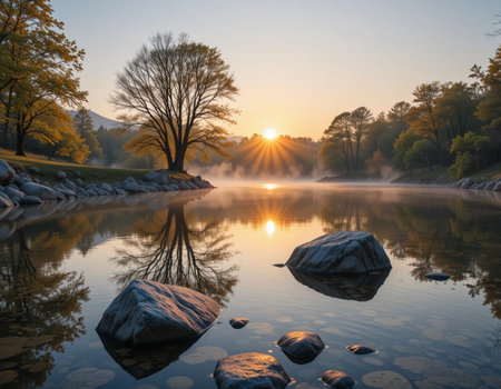 Sunrise over a lake with trees and rocks in the foreground.の素材