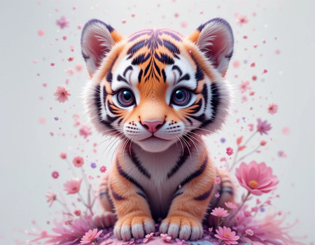 Cute tiger with flowers on white background, valentine conceptの素材