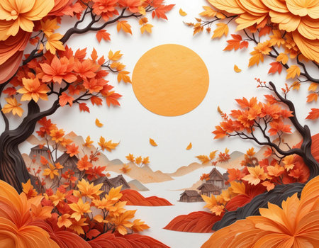 Autumn leaves background with sun and clouds. Paper art style.の素材