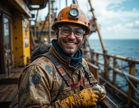 Portrait of a smiling oil and gas workerof offshore vessel or shipの素材