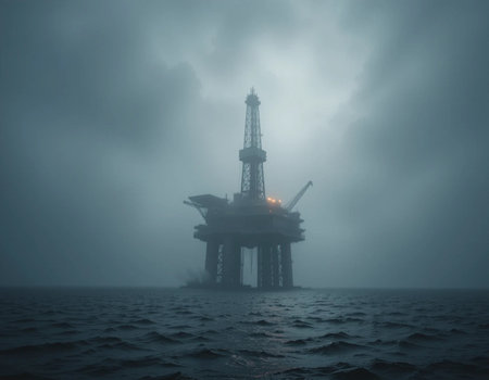 Offshore oil and gas platform in the sea with dramatic sky.の素材