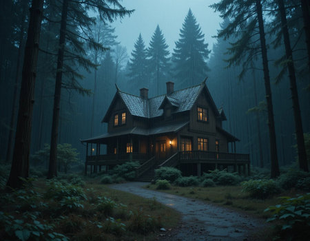 Wooden house in the forest at night with fog in the backgroundの素材