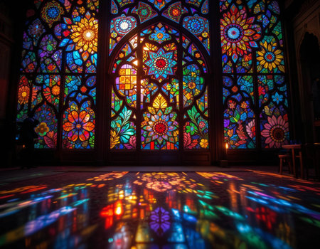 Colorful stained glass windows of the Cathedral of St. Francis of Assisiの素材