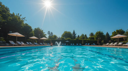 Swimming pool with sun flare and blue sky in summer day.の素材