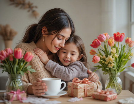 Happy mother's day! Child daughter congratulates mom and gives her a bouquet of tulips.の素材