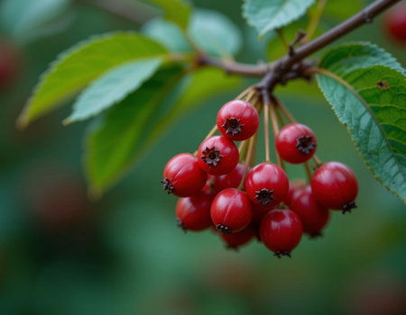 Hawthorn berries on a branch in the garden, close-upの素材