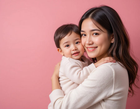 Portrait of happy Asian mother and daughter isolated on pink backgroundの素材
