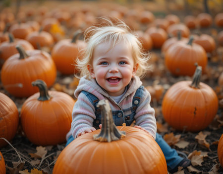 Adorable little girl having fun on a pumpkin patch on beautiful autumn day.の素材