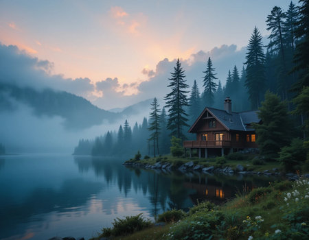 Mountain lake with a wooden house in the morning mist. Carpathians, Ukraineの素材