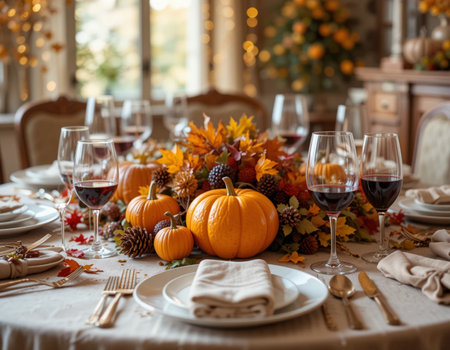 Autumn table setting with pumpkins, autumn leaves, candles and wine glassesの素材