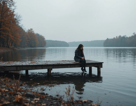 Young woman sitting on a wooden pier by the lake in autumn.の素材