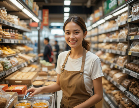 Young Asian woman in apron buying fresh bread in grocery storeの素材