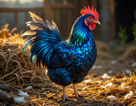 Portrait of a colorful rooster on a farm in the villageの素材