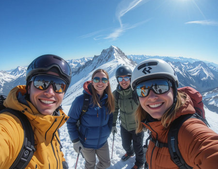 Group of friends on the top of a mountain in winter, Switzerlandの素材
