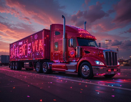 Modern big rig semi truck with bright glowing lights and red trailer driving on the highway at sunset.の素材