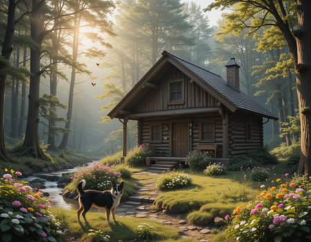 Beautiful wooden house with a dog in the forest at sunrise.の素材