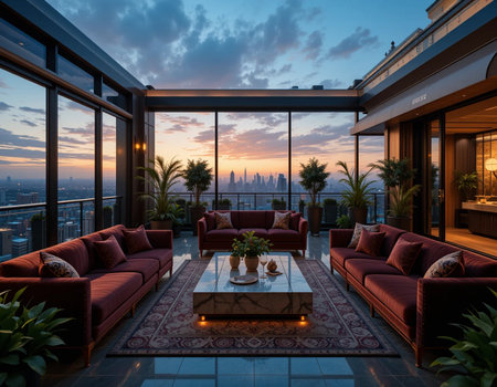 Luxury living room with a view of the city and sunsetの素材