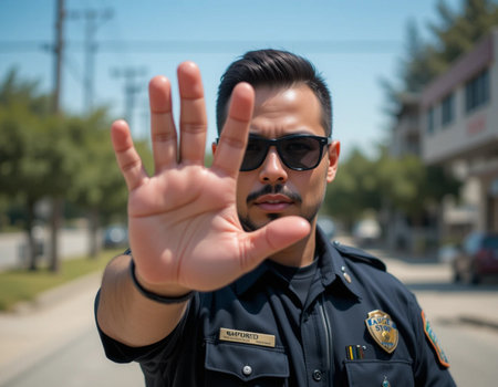 Young Asian male police officer showing stop gesture with his hand in the cityの素材