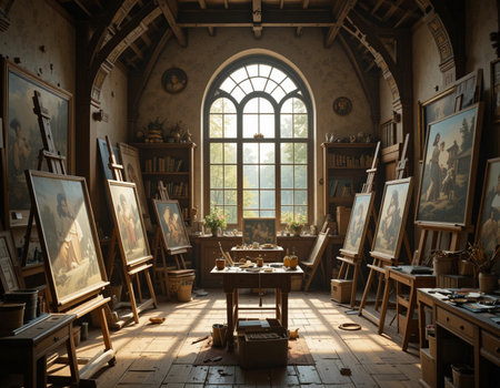 Interior of an old artist's studio with paintings and brushes.の素材