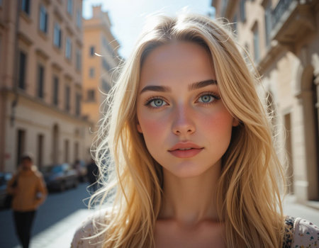 fashion outdoor photo of beautiful sensual woman with blond hair in elegant clothes posing in summer streetの素材