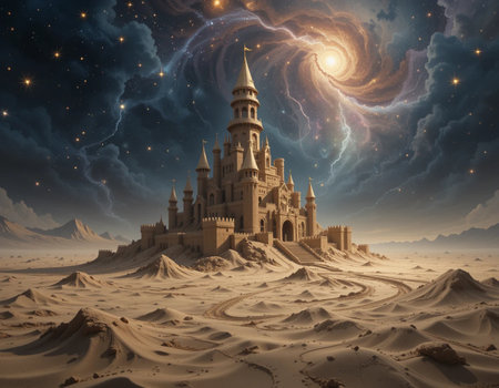 Fantasy landscape with sand castle. 3D illustration. Elements of this image furnished by NASAの素材
