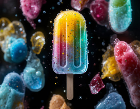 Colorful ice cream on a stick with water drops on a black backgroundの素材