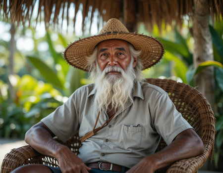 Portrait of senior man with hat sitting in rattan chair outdoorsの素材