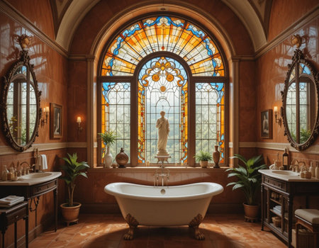Bathroom interior with a bathtub and a stained glass windowの素材