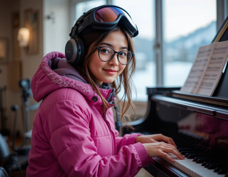 Portrait of a young girl in a pink jacket with headphones and glasses playing the piano.の素材