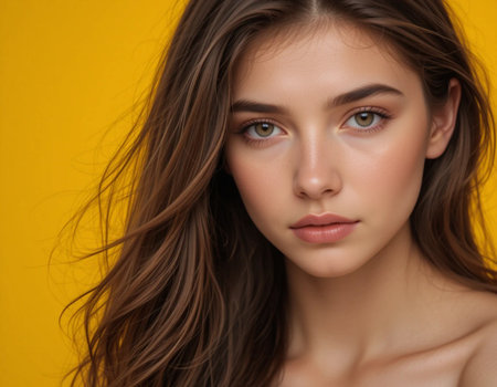 Portrait of a beautiful young woman with long brown hair on a yellow backgroundの素材