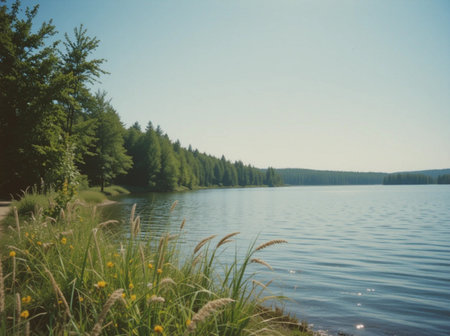 Beautiful summer landscape with lake and forest - retro, vintage style lookの素材