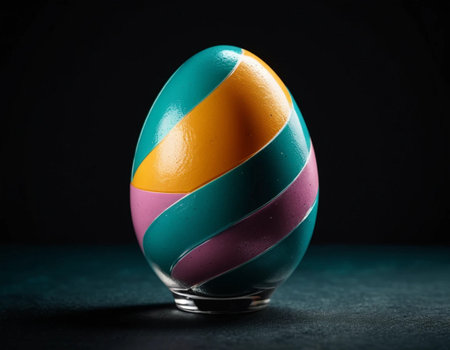 Colorful painted easter egg in a glass vase on dark backgroundの素材