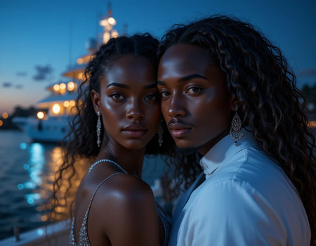 Beautiful African American woman and man on yacht at nightの素材