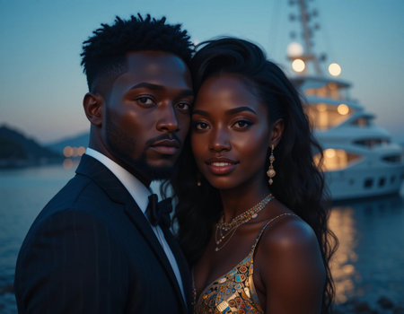 Portrait of a beautiful African-American couple on the background of a yachtの素材
