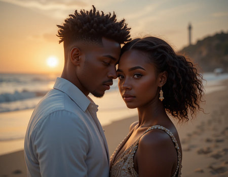 Portrait of a beautiful African American couple on the beach at sunsetの素材