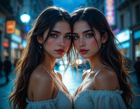 Two beautiful young women in the city at night, close-upの素材