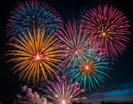 Colorful firework display for celebrating happy new year and merry christmasの素材