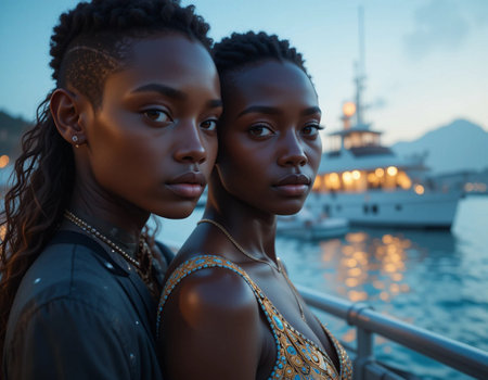 Two african american women in swimsuits posing on yacht at sunsetの素材