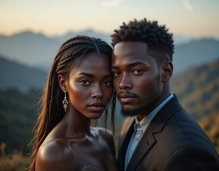 African American couple in love on top of mountain at sunset.の素材