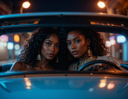 Two African American women in car at night. Fashionable black women.の素材