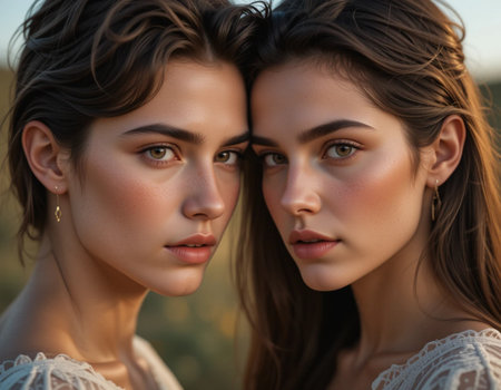 Close-up portrait of two beautiful young girls in white dresses.の素材