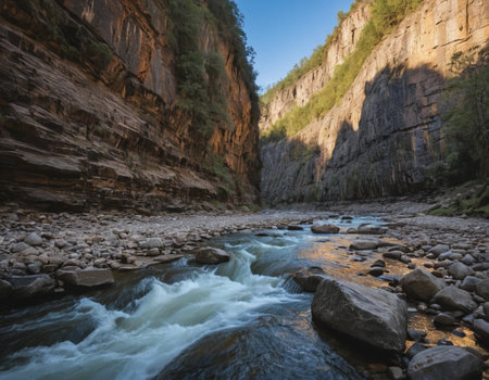 Mountain river flowing through the gorge. Beautiful landscape. Long exposure.の素材
